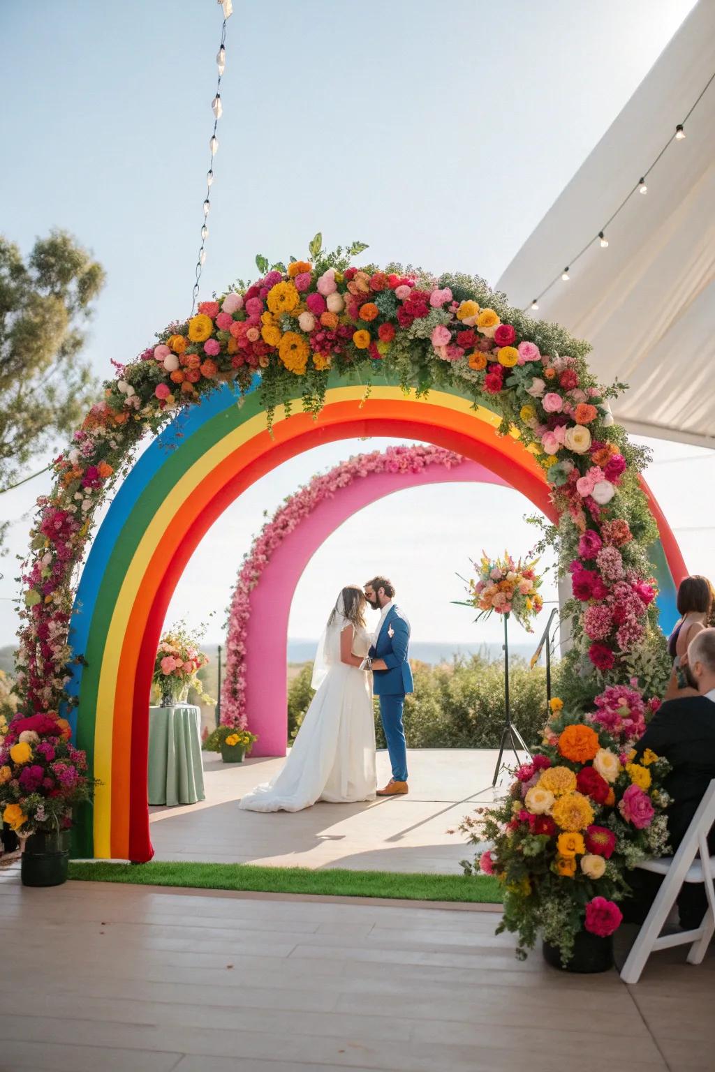 Celebrate unity and joy with a vibrant rainbow-themed wedding. 🌈🎉 #LoveIsLove #RainbowWedding
