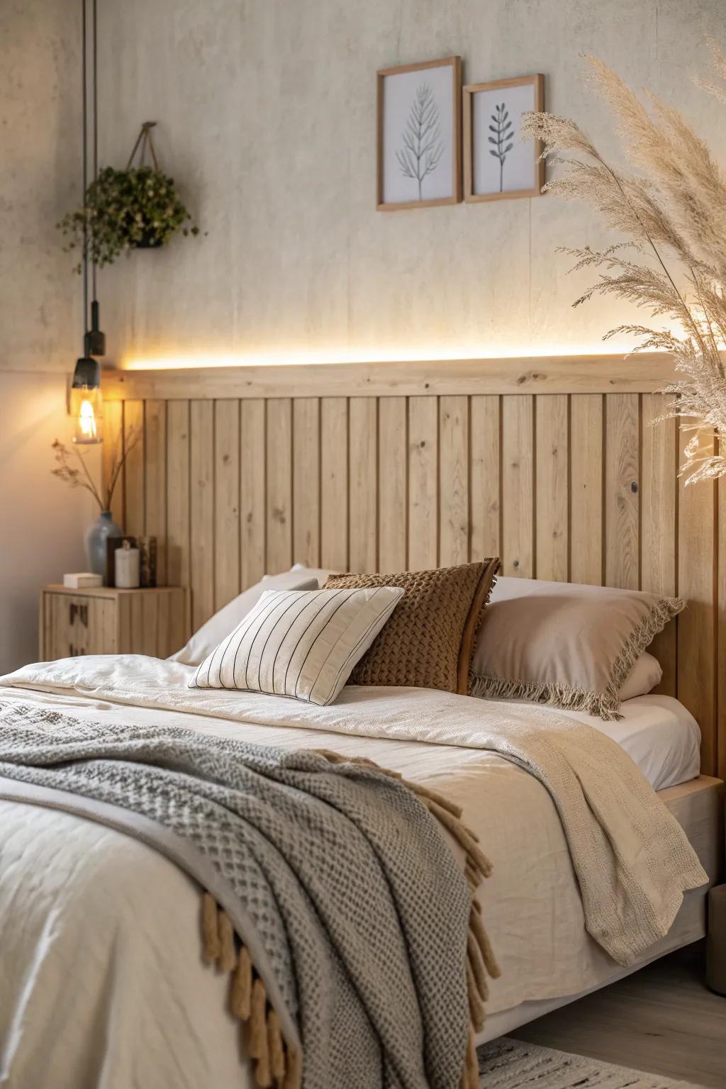 Create a warm and inviting bedroom with a hygge-inspired headboard that celebrates cozy living.