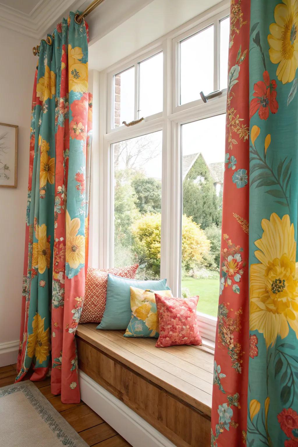 Floral curtains infuse your window seat with a fresh, garden-inspired atmosphere. #FloralFantasy #SpringDecor #GardenVibes
