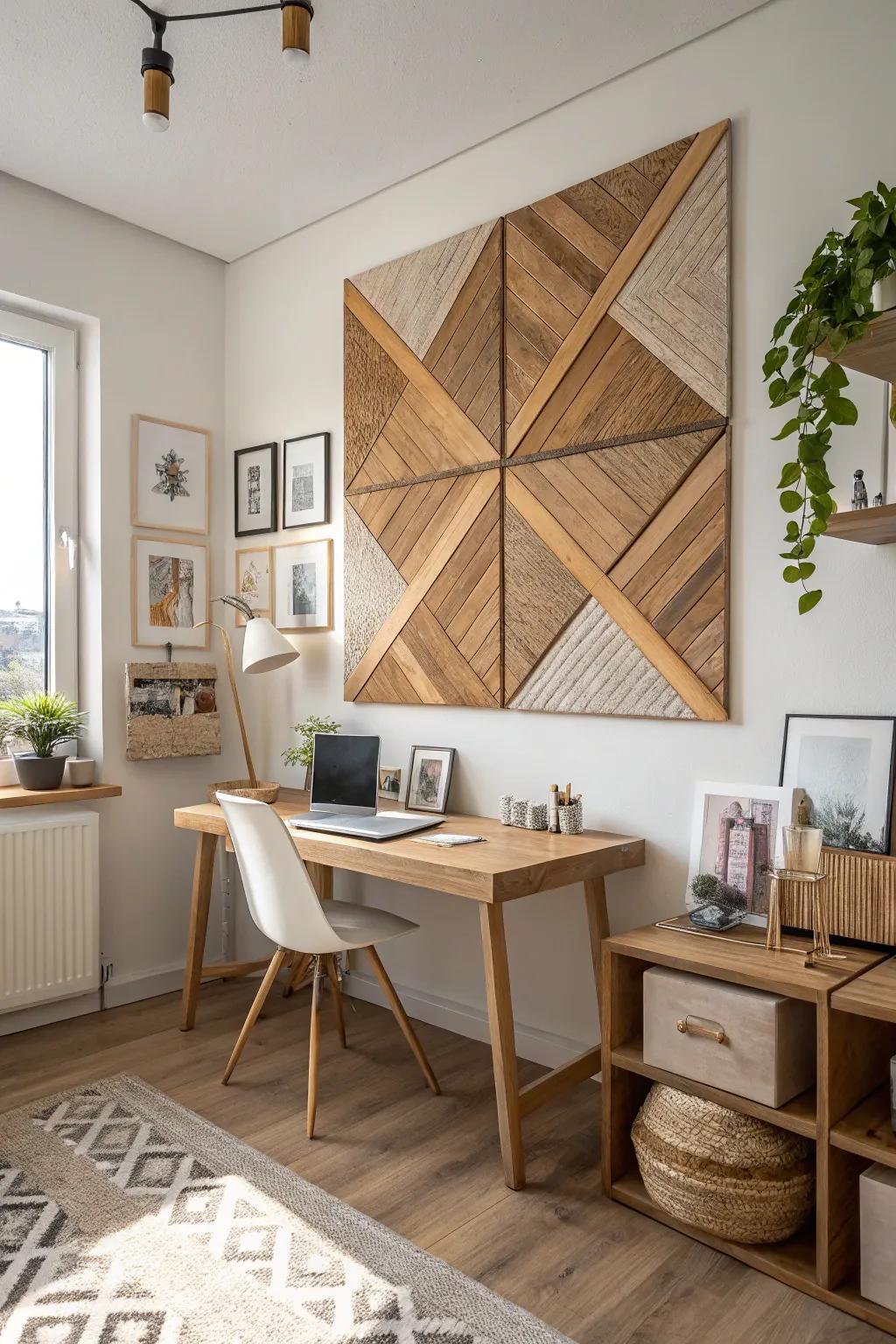 Inspire creativity with striking geometric wood plank patterns. 🎨 #OfficeDecor #CreativeSpaces