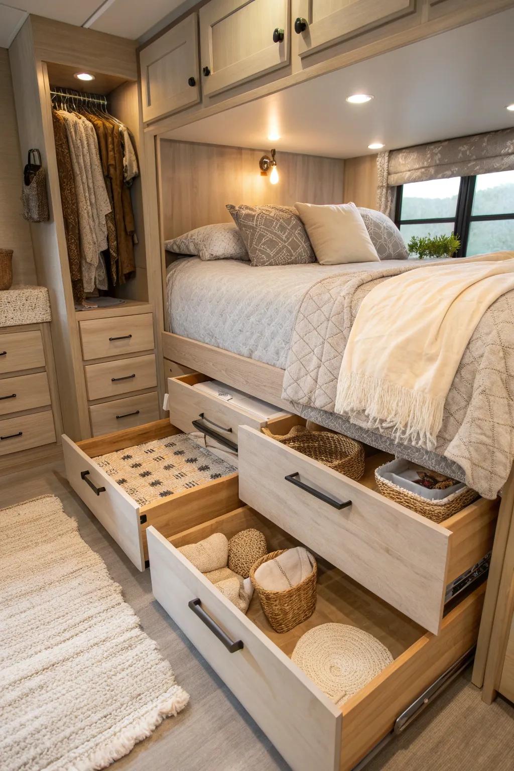 Unlock the potential of under-bed storage to keep your 5th wheel tidy and spacious.