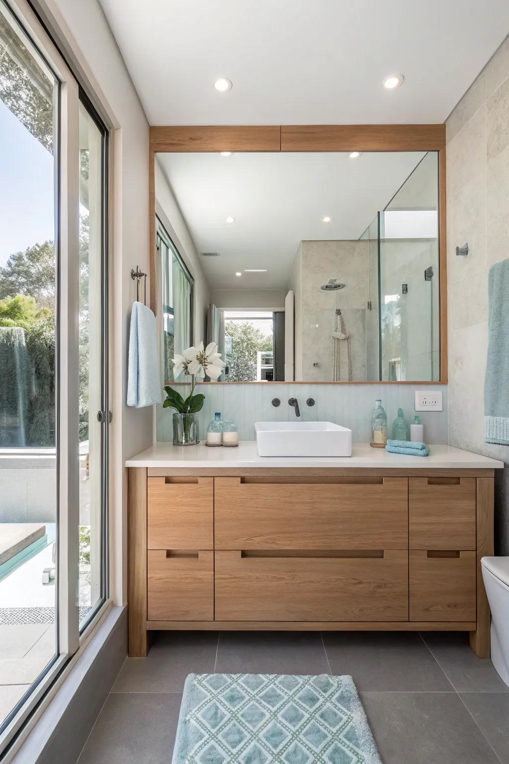 Float your vanity to open up floor space and add a modern touch to your small bathroom.