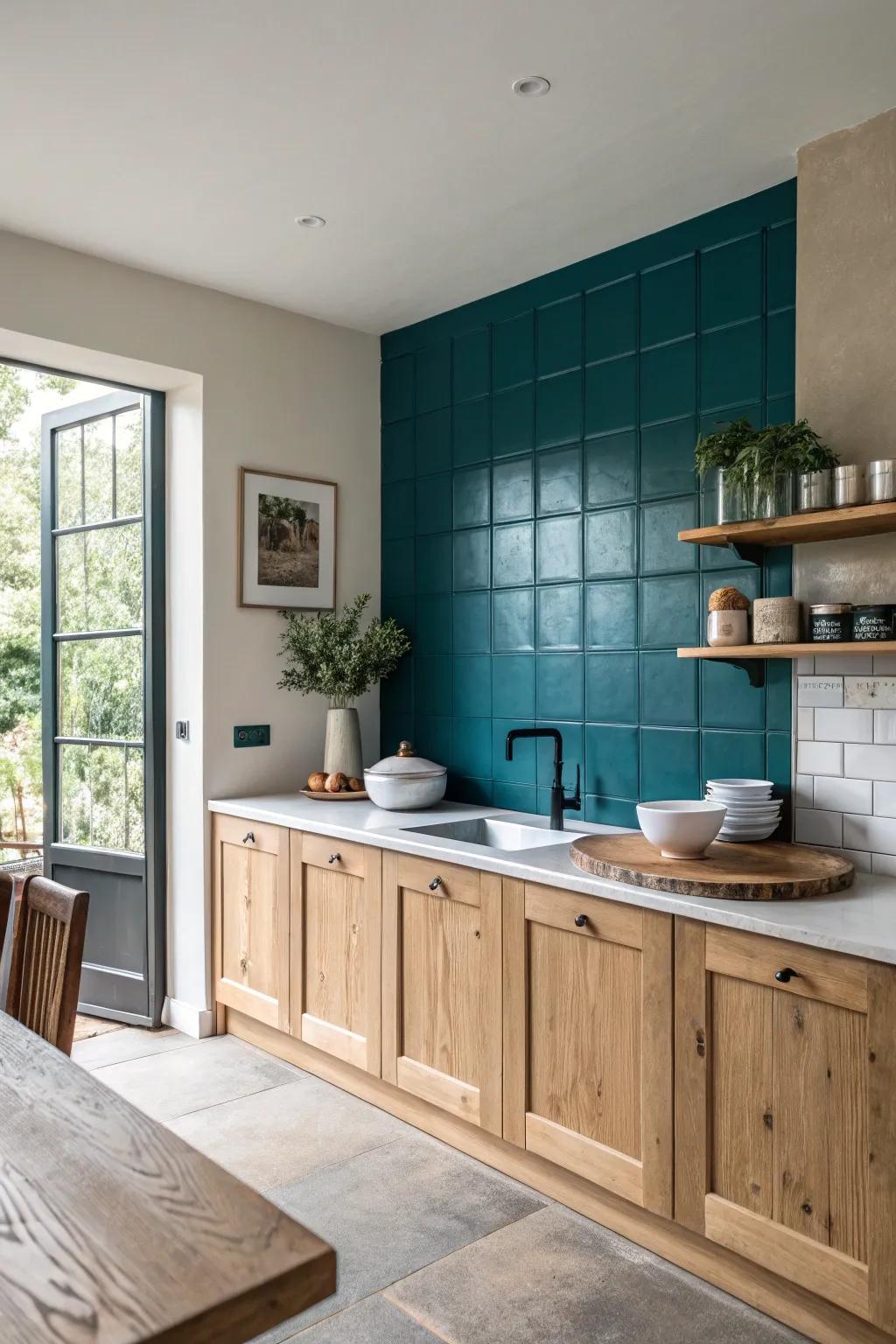 Dive into elegance with a deep green accent wall that brings sophistication to your kitchen.