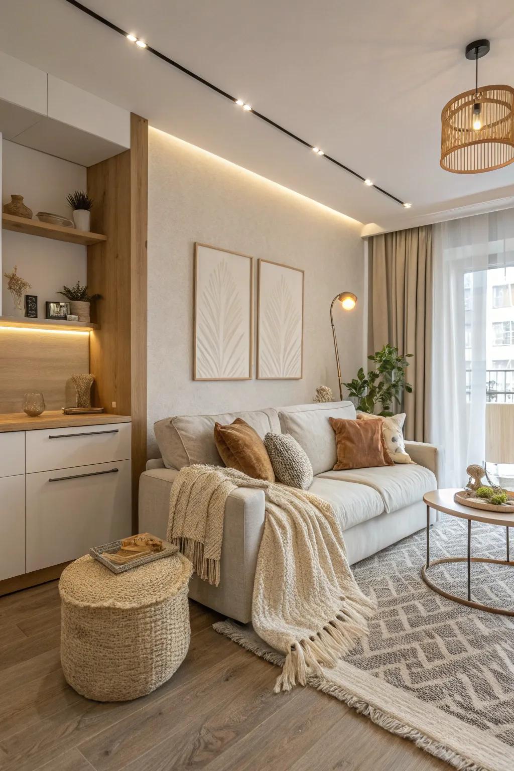 Neutral tones provide a calming backdrop, making your apartment feel both spacious and serene.