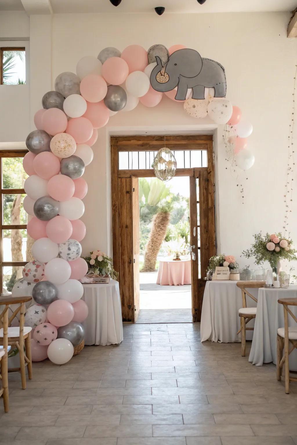 Create a whimsical entryway with a delightful balloon arch that sets the stage for your celebration. #PartyDecor #BabyShowerIdeas 🎈
