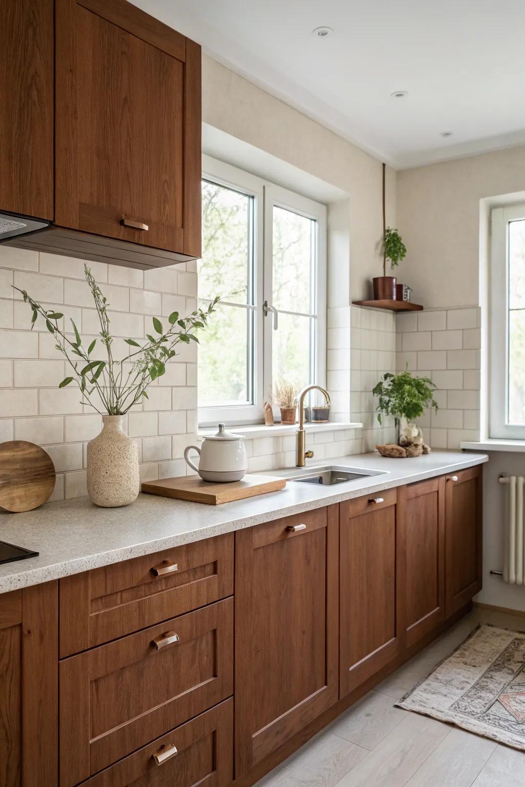 Soft cream tones provide a gentle contrast that enhances the warmth of cherry cabinets.