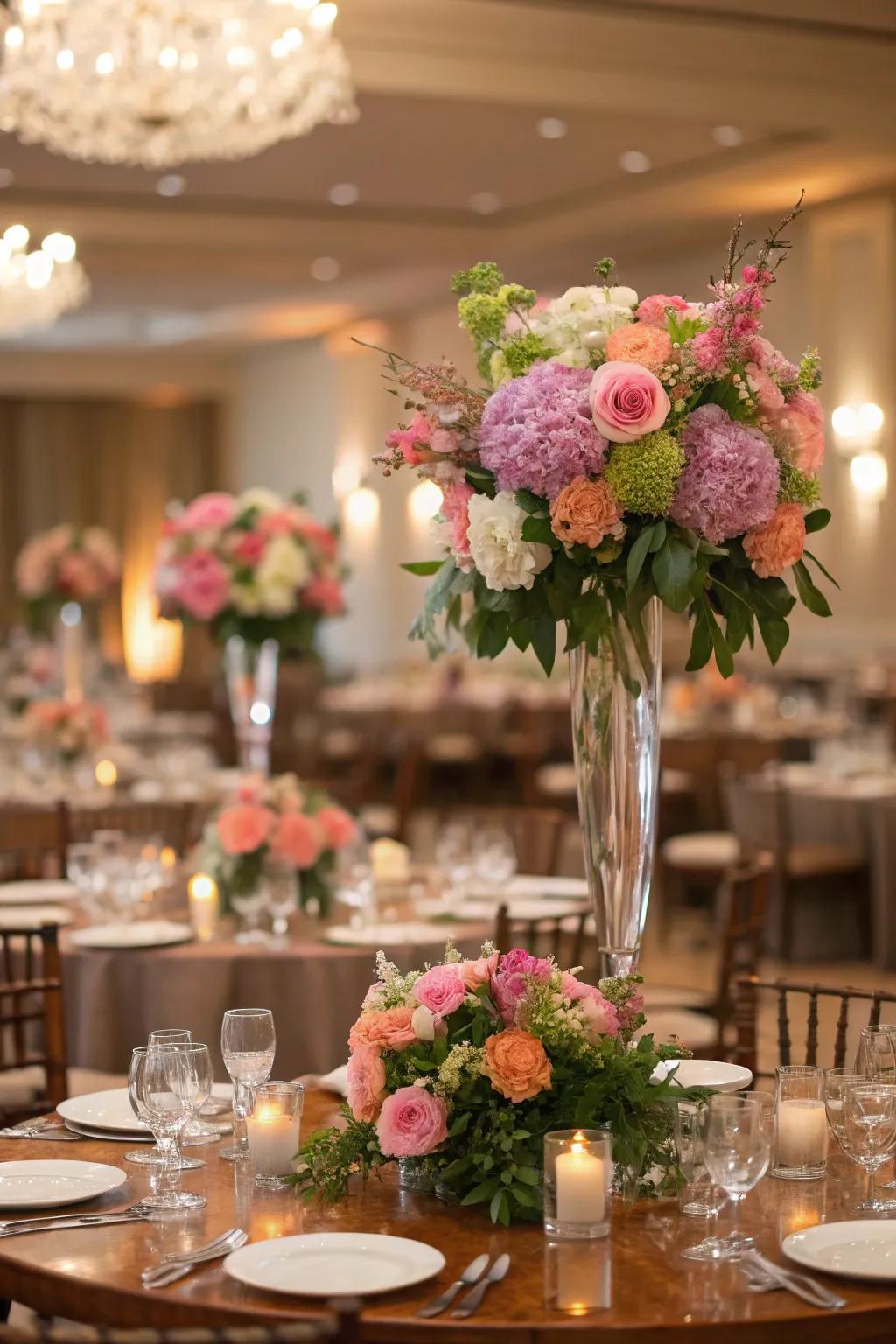 Lush floral arrangements bring vibrant life and elegance to any ballroom.
