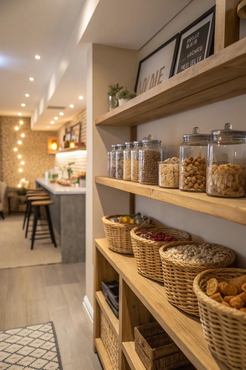 Open shelves offer a stylish and practical way to showcase your favorite snacks.
