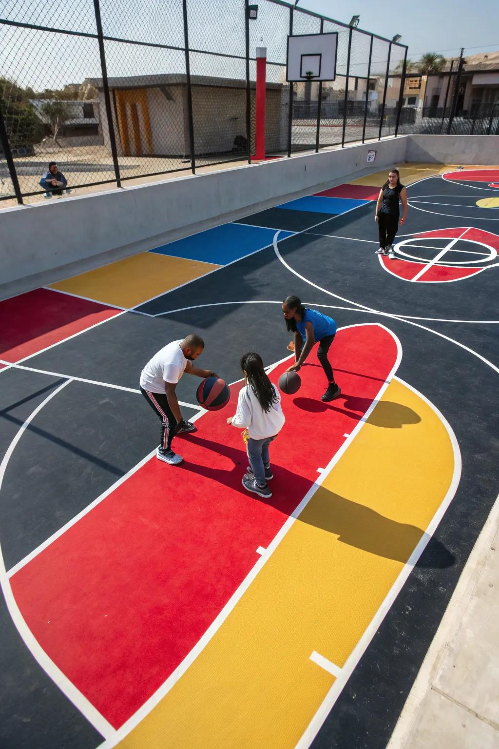 Color blocking turns your court into a dynamic and eye-catching space, perfect for urban settings. #BoldDesign #BasketballArt