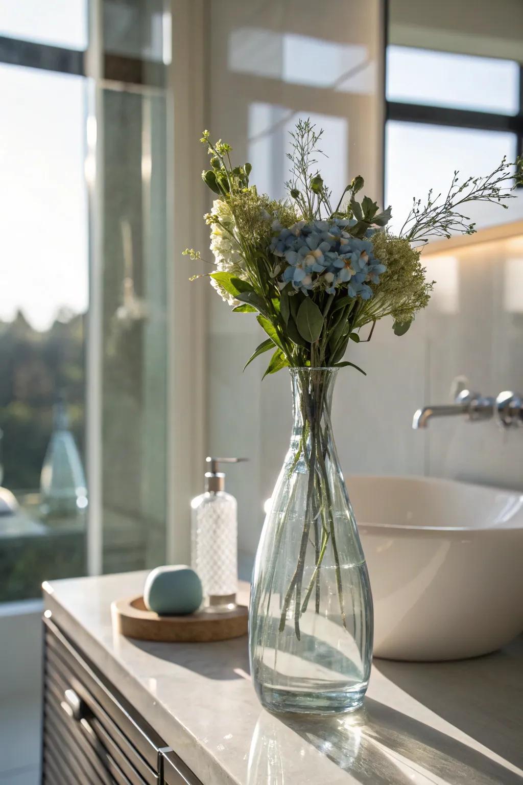Elevate your bathroom's elegance with minimalist glass vases.