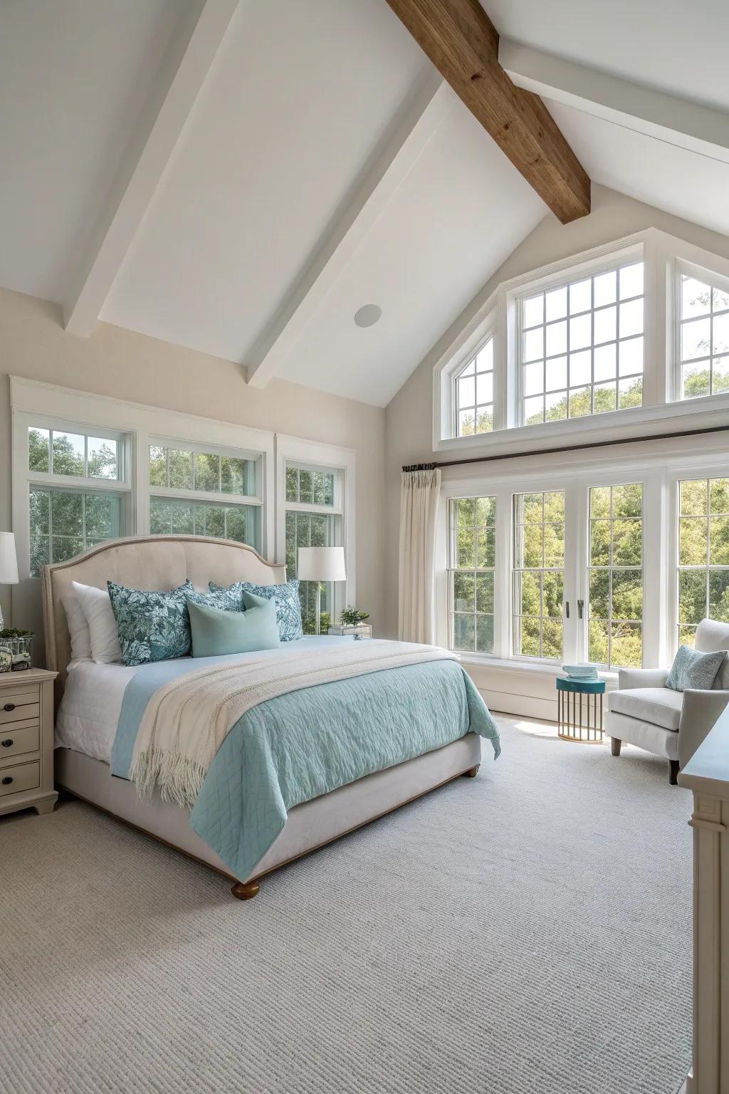 Open up your space with high ceilings and ample natural light for a serene bedroom vibe.