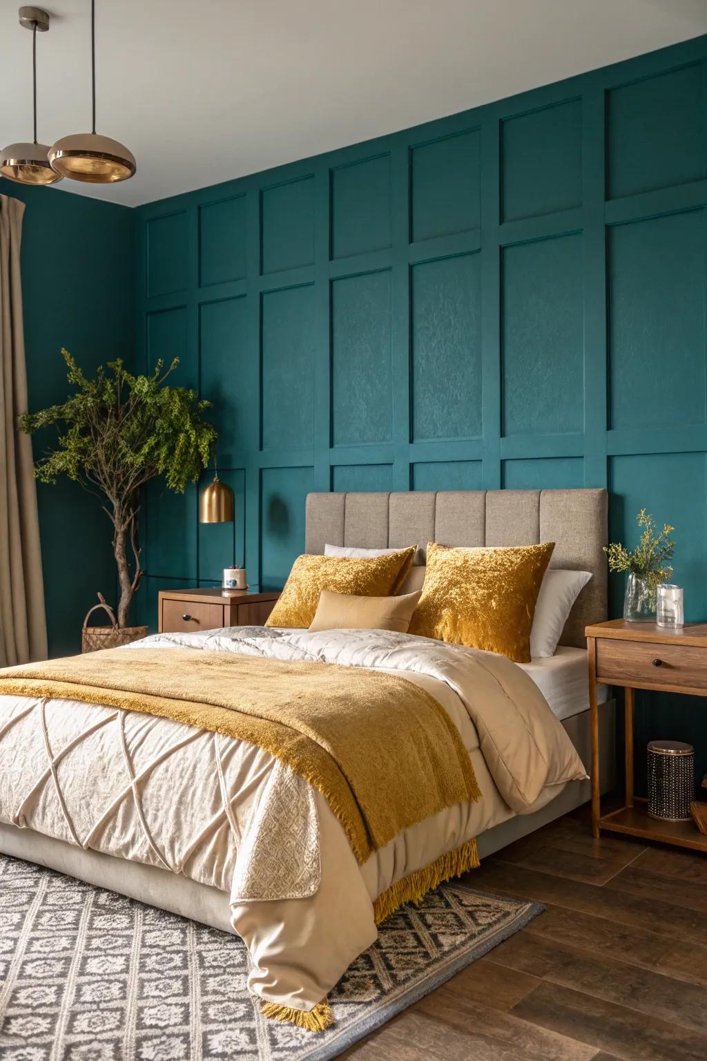 Bold colors make a statement! Elevate your bedroom with a striking accent wall. #BedroomInspo #AccentWall
