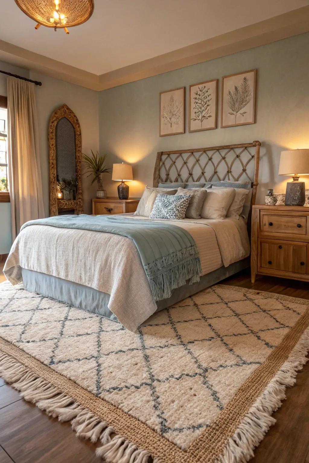 Anchor your bedroom with a classic rug placement under the bed for a harmonious and inviting look.