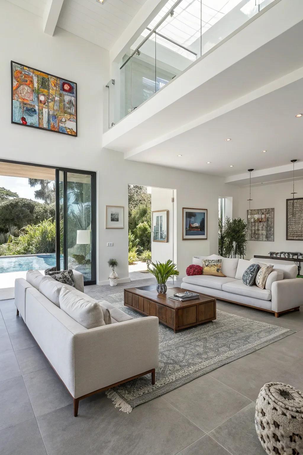 White walls provide a fresh canvas that beautifully highlights gray floors, creating a serene and spacious feel.