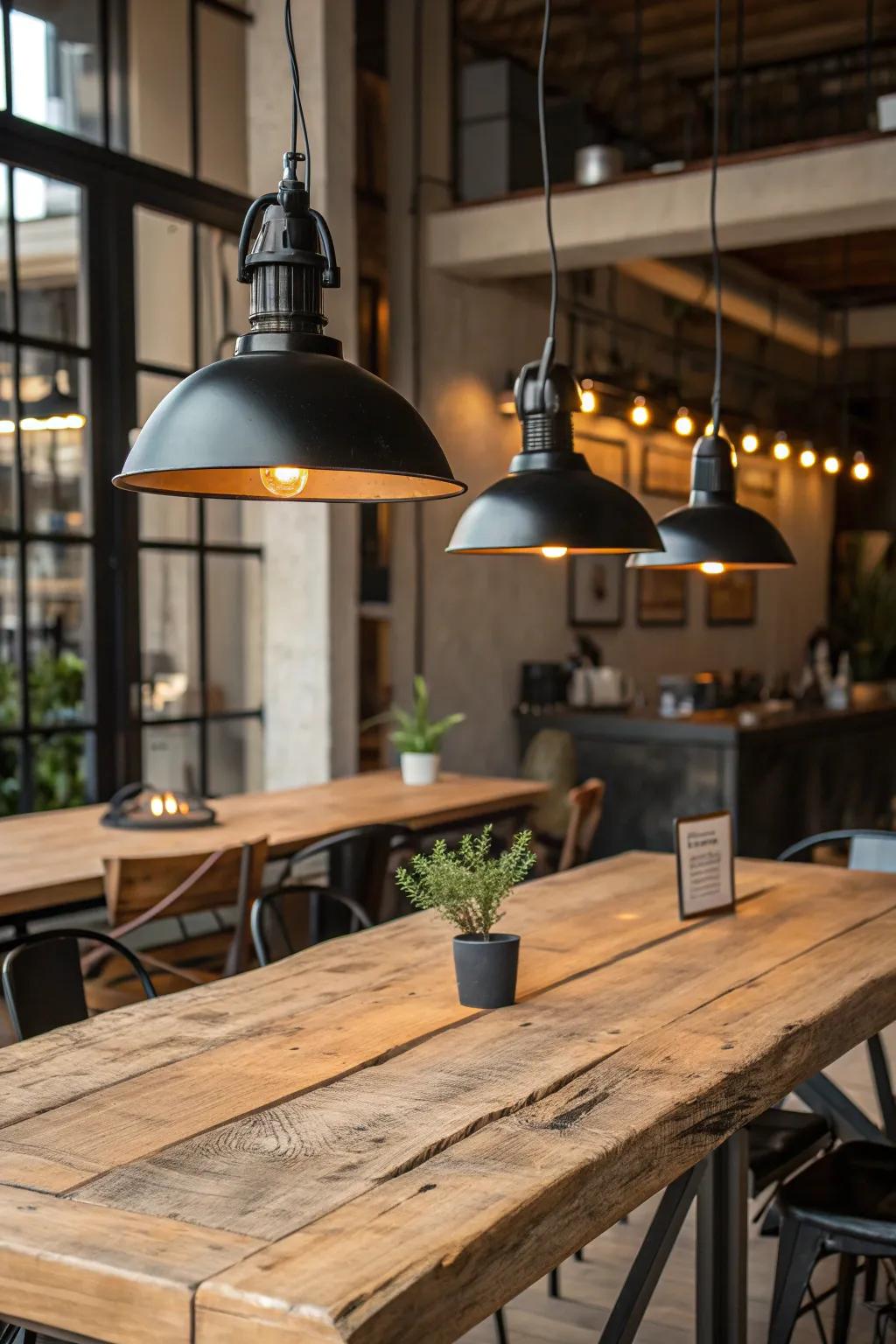 Blend rustic charm with modern elegance using wooden tables and industrial lighting for a timeless look.