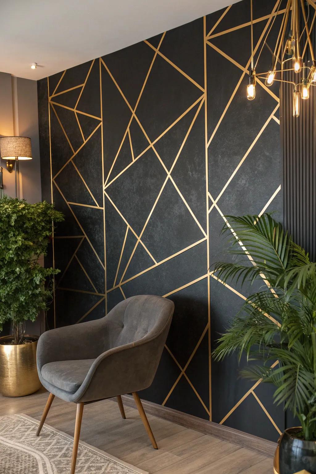 Transform your room with striking geometric gold lines against a bold black backdrop. #ModernElegance #GeometricDesign