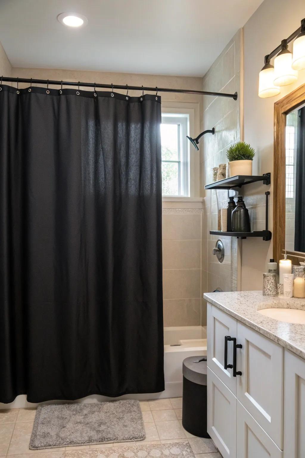 Embrace the power of simplicity with a solid black shower curtain that exudes elegance.