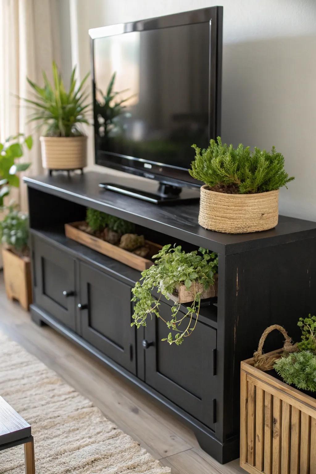 Bring freshness to your space with vibrant greens on your TV stand. #NatureLover #HomeInspo