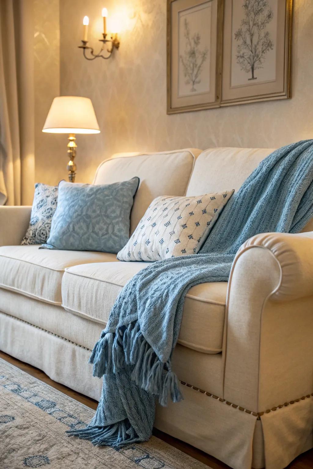 A cream sofa sets the stage for playful blue accents, creating a serene and inviting space.