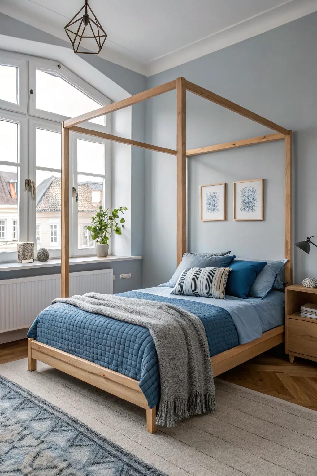 Mixing light and dark hues creates a captivating depth in this blue and grey bedroom. #ColorScheme #InteriorDesign