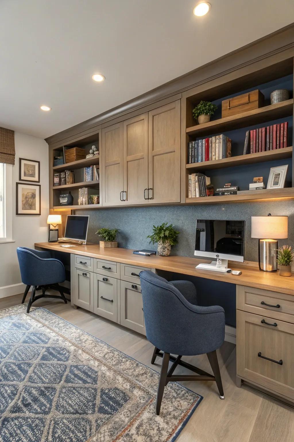 Built-in desks offer a seamless blend of style and functionality, perfect for any bonus room. #HomeOffice #InteriorDesign #BuiltIn