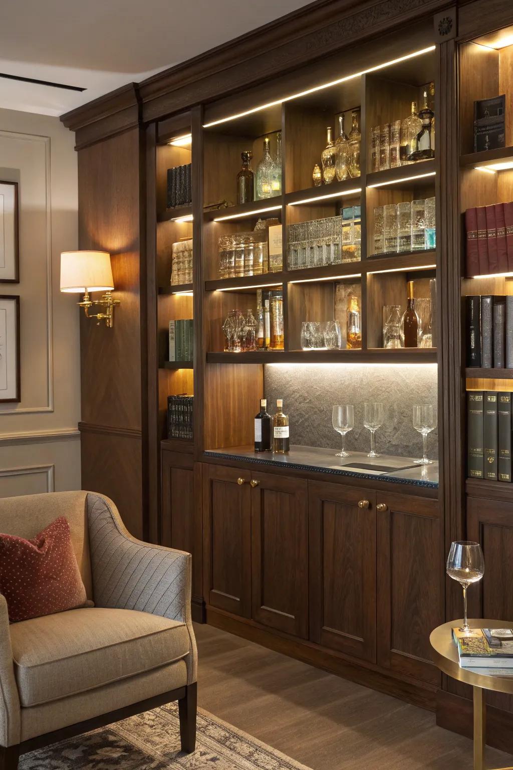 Seamlessly integrate your bar essentials into your living space with dedicated shelving for bottles and glassware.