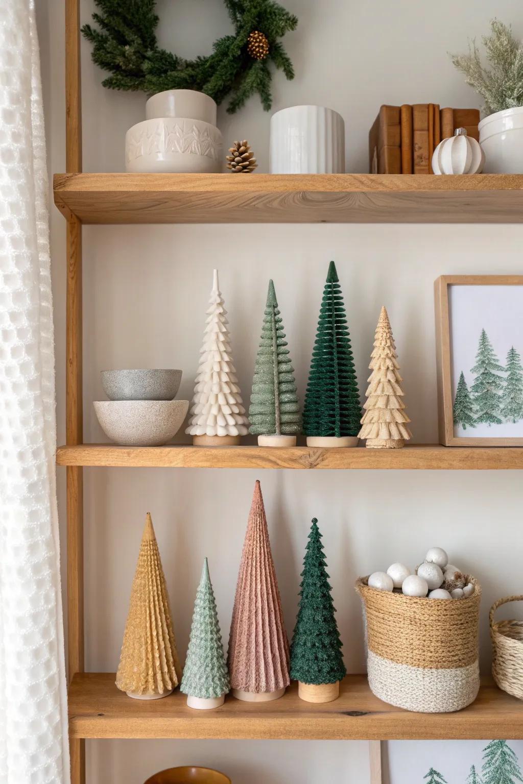 Create a mini forest on your bookshelf with charming little Christmas trees.