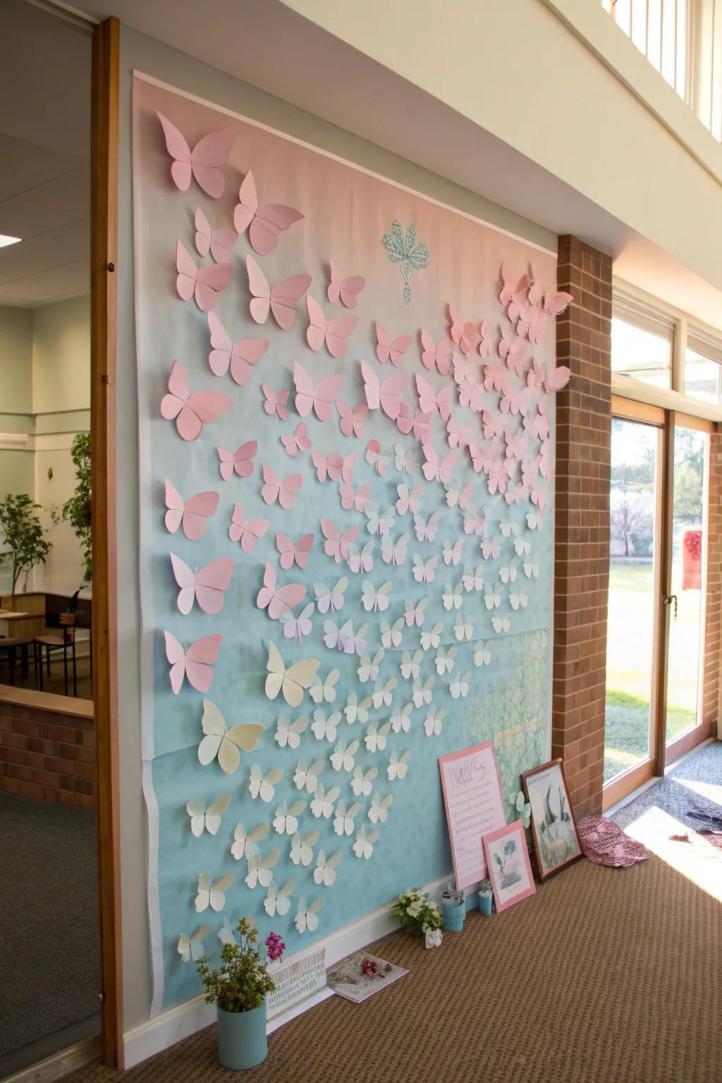 Add a touch of elegance with a butterfly-themed bulletin board that feels like spring all year round.