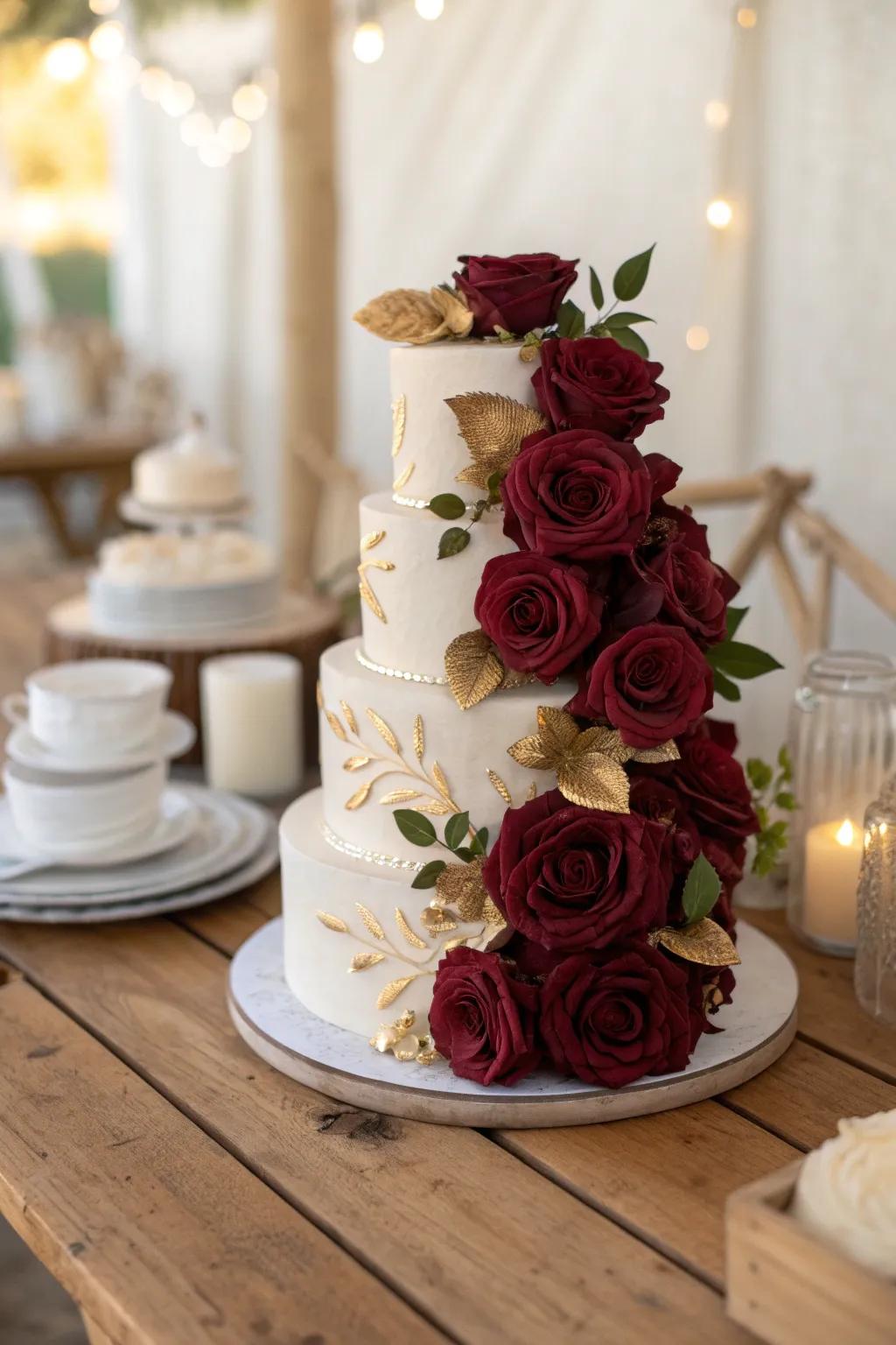 A cascade of burgundy roses and gold leaf creates a romantic and elegant cake design. Perfect for weddings or anniversaries! #WeddingCake #RomanticDesign