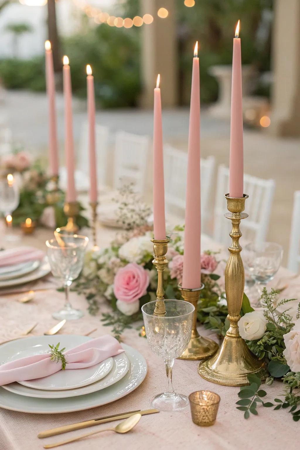 Elevate your wedding tables with tall taper candles that add a touch of timeless elegance.