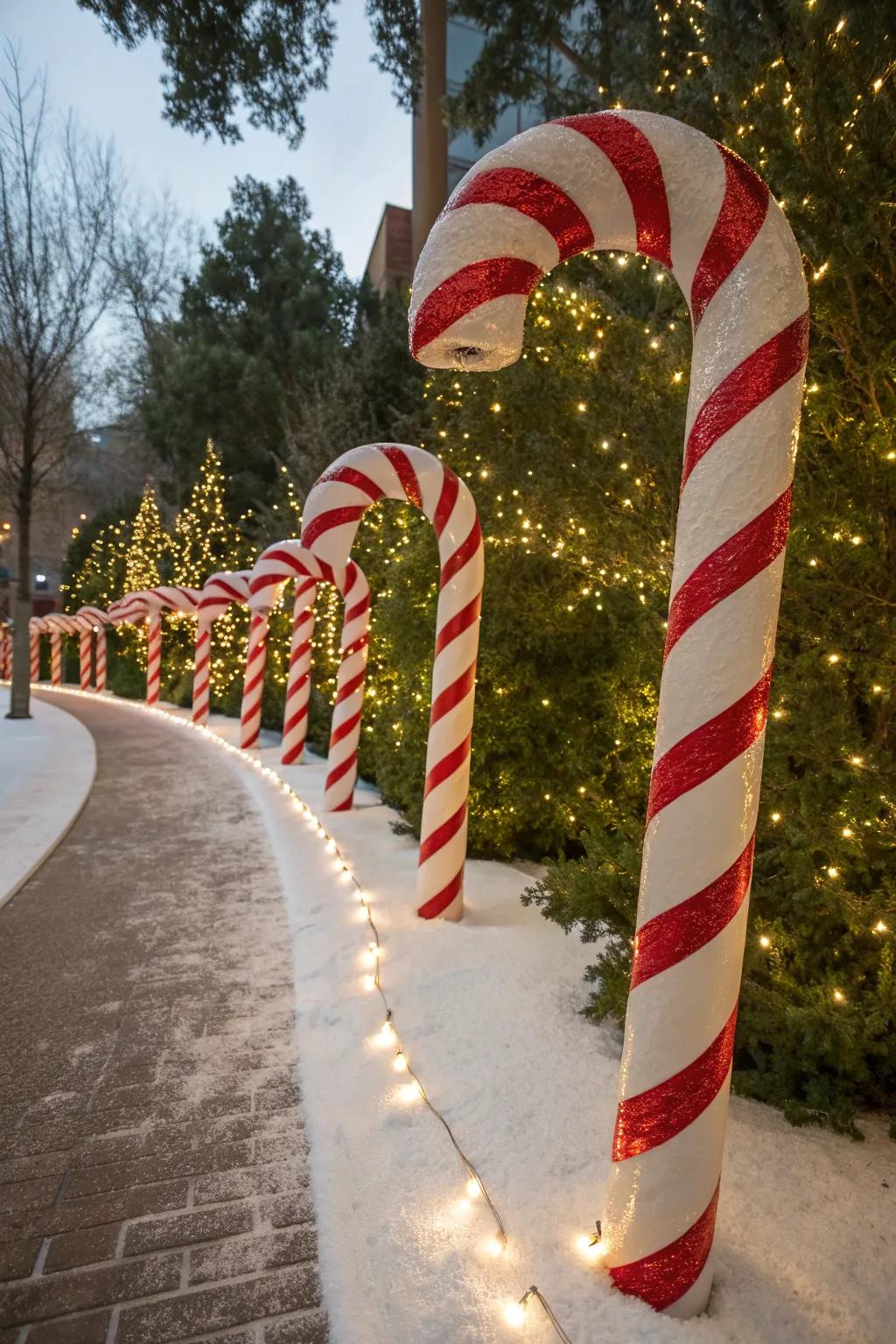 Line your walkway with oversized candy canes for an enchanting entrance to your home. #OutdoorDecor #HolidayMagic 🎄