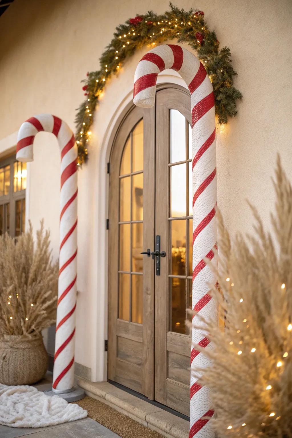 Make a bold statement with oversized candy canes framing your door for a sweet holiday welcome.