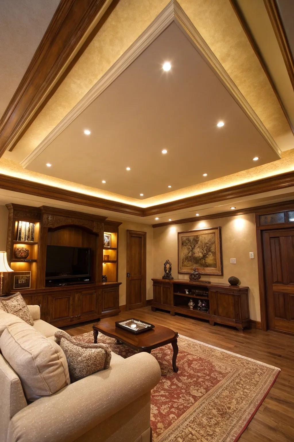 Recessed lighting in soffits creates a soft, ambient glow perfect for modern interiors.