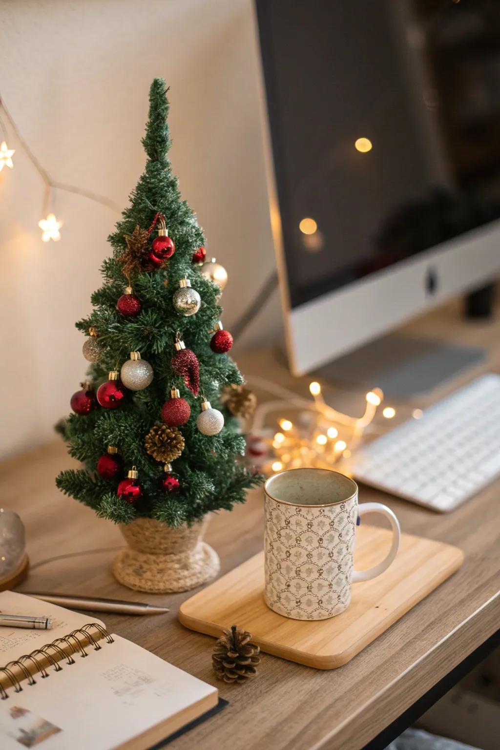 A mini Christmas tree is a charming addition to your desk, bringing endless holiday cheer.
