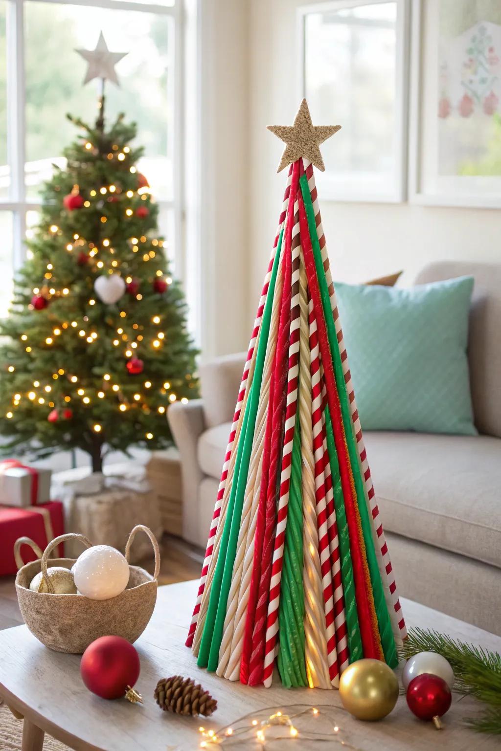 Craft a whimsical Christmas tree using colorful paper straws for a unique and playful touch. #CraftyChristmas #DIYDecor