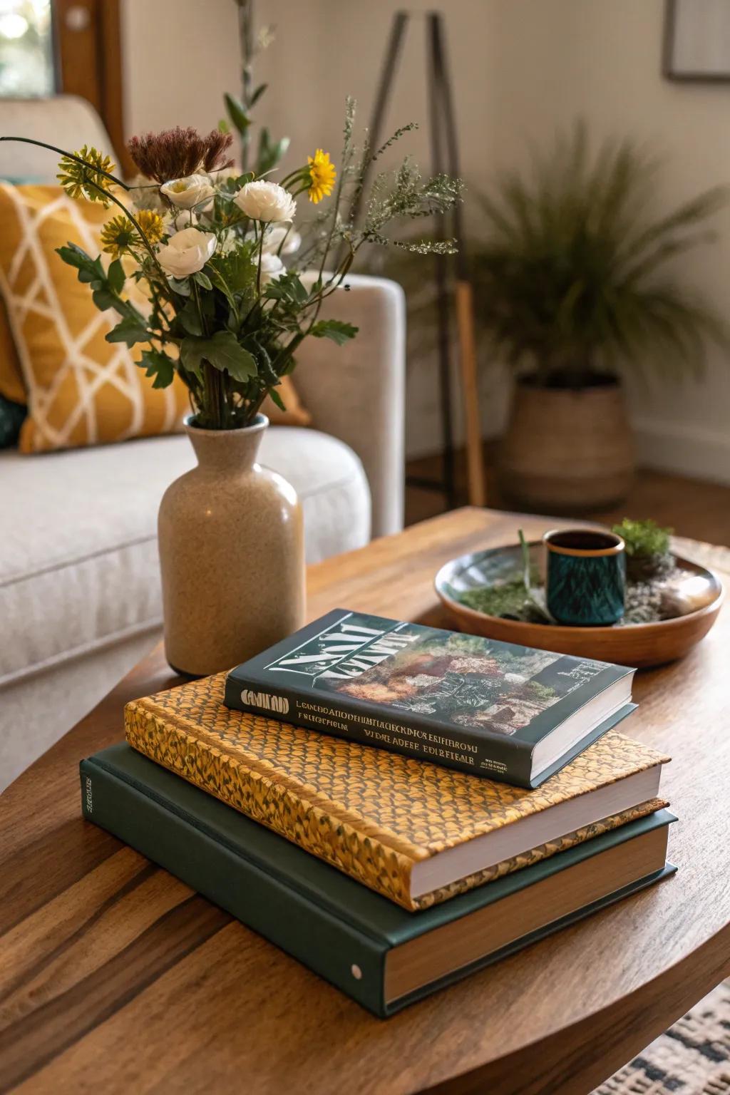 Books and magazines add character and dimension to your coffee table. #HomeLibrary #CoffeeTableDecor