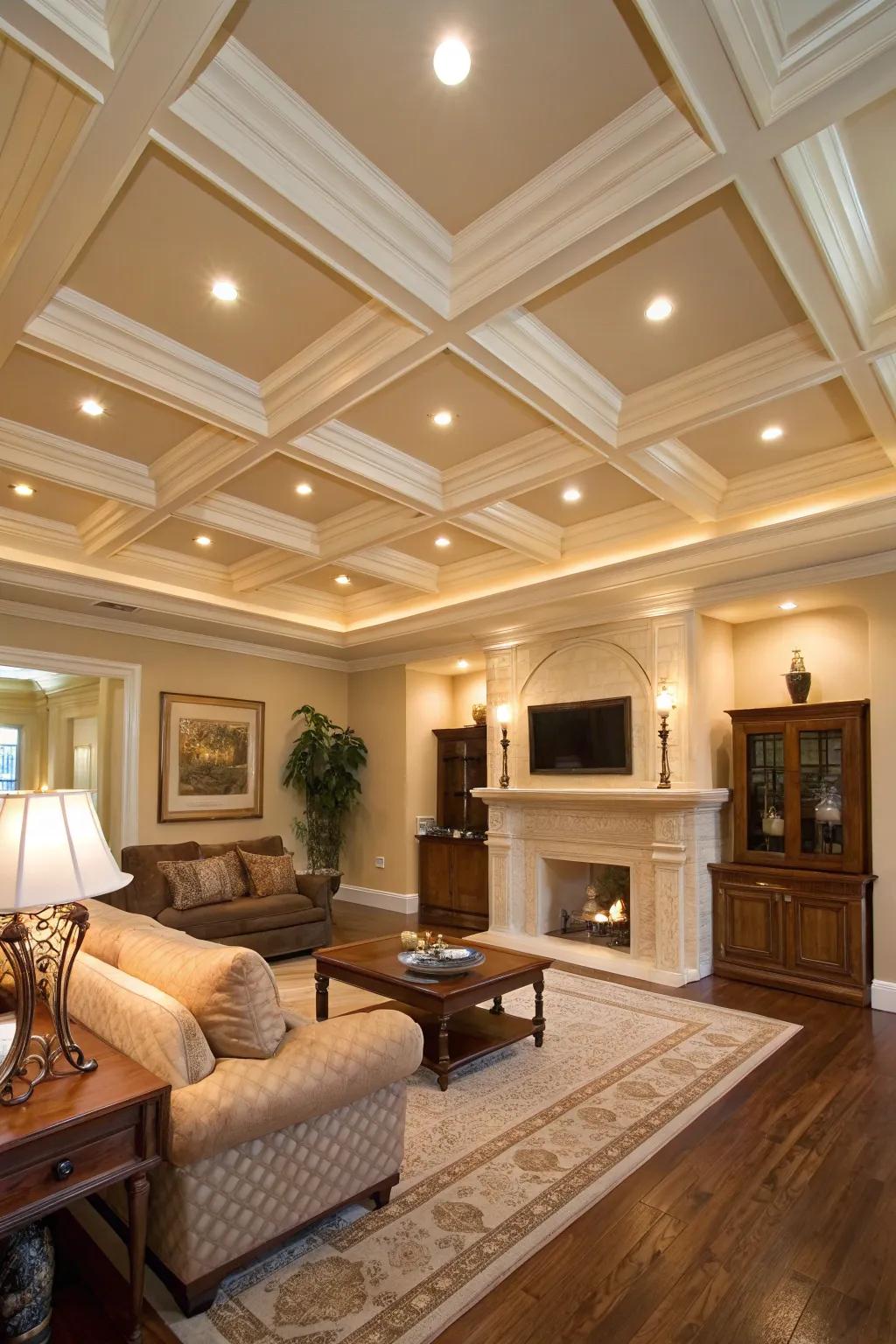 Recessed lighting offers a sleek and elegant solution for highlighting coffered ceilings.