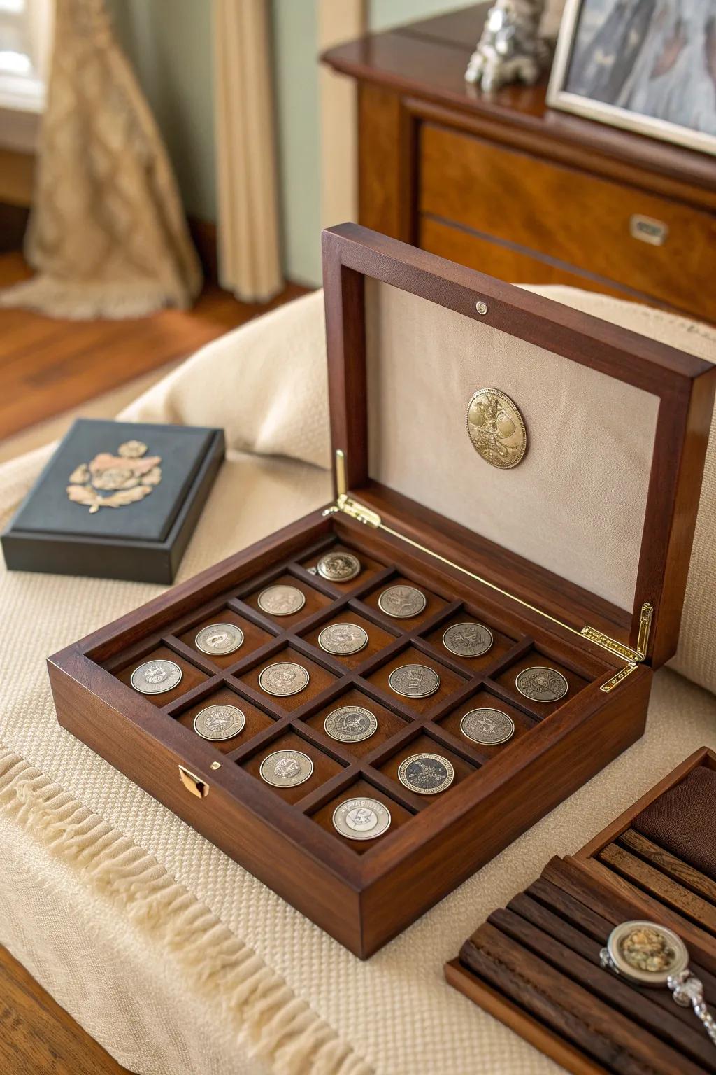 Create a chic display with a wooden coin case that turns your collection into an artful showcase.
