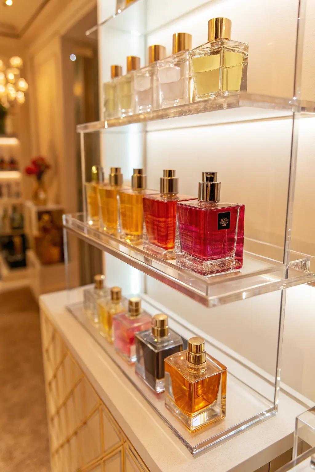 Maximize space and style with tiered shelving that showcases your colognes in a modern, accessible way. #BathroomGoals #ShelfLife