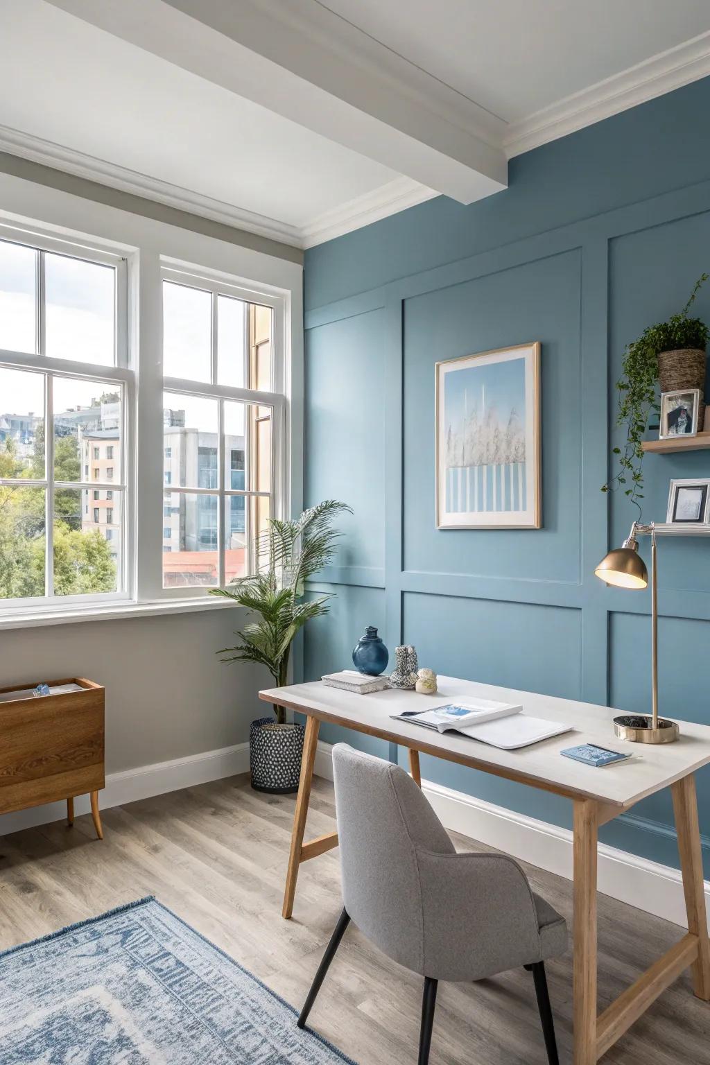 Create a calming work environment with soft blue tones that enhance focus and tranquility.