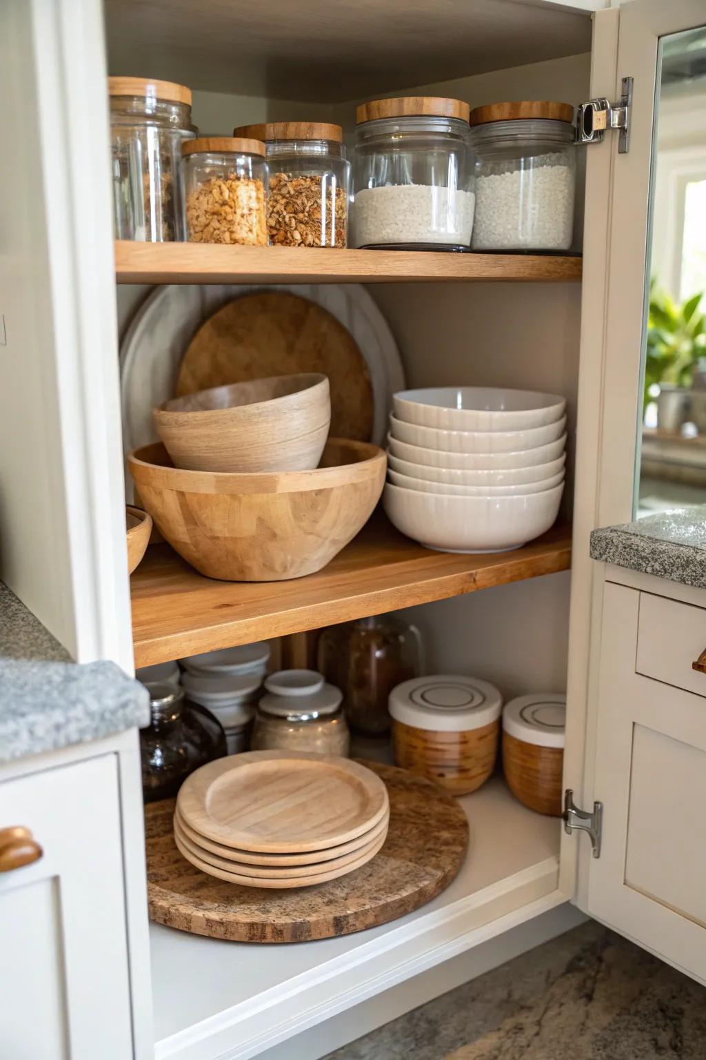 Spin your way to easy access with a Lazy Susan in your corner cabinet. 🌟 #KitchenEfficiency #HomeHacks