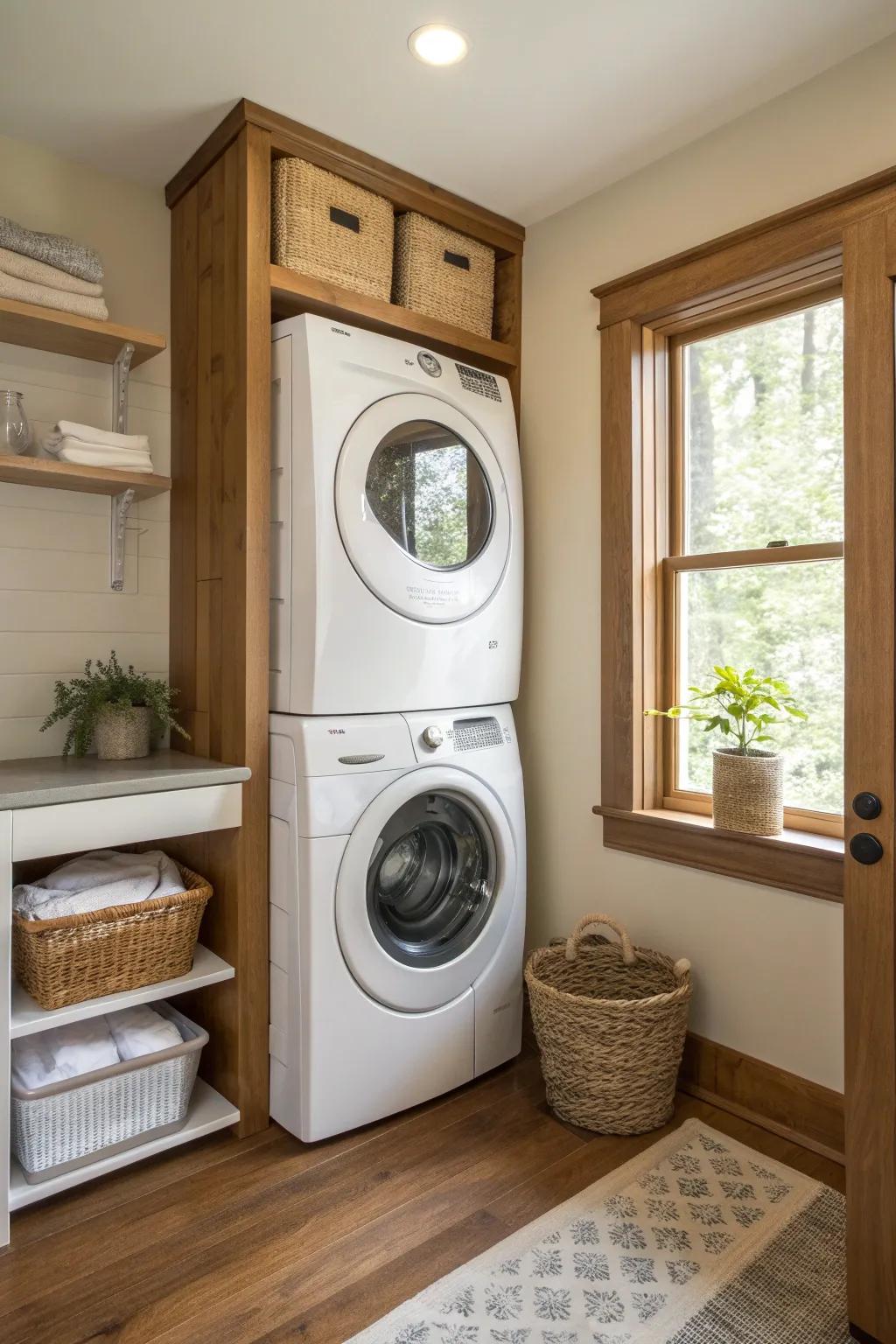 Maximize your space with vertically stacked machines for a tidy and efficient laundry corner.