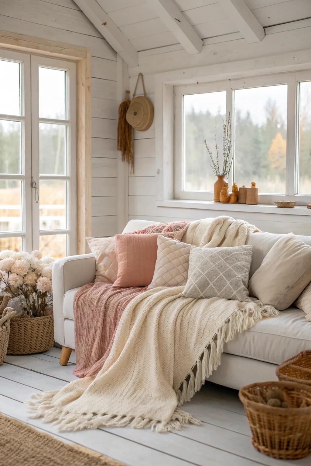 Wrap yourself in the warmth of soft fabrics and layered textures for ultimate comfort.