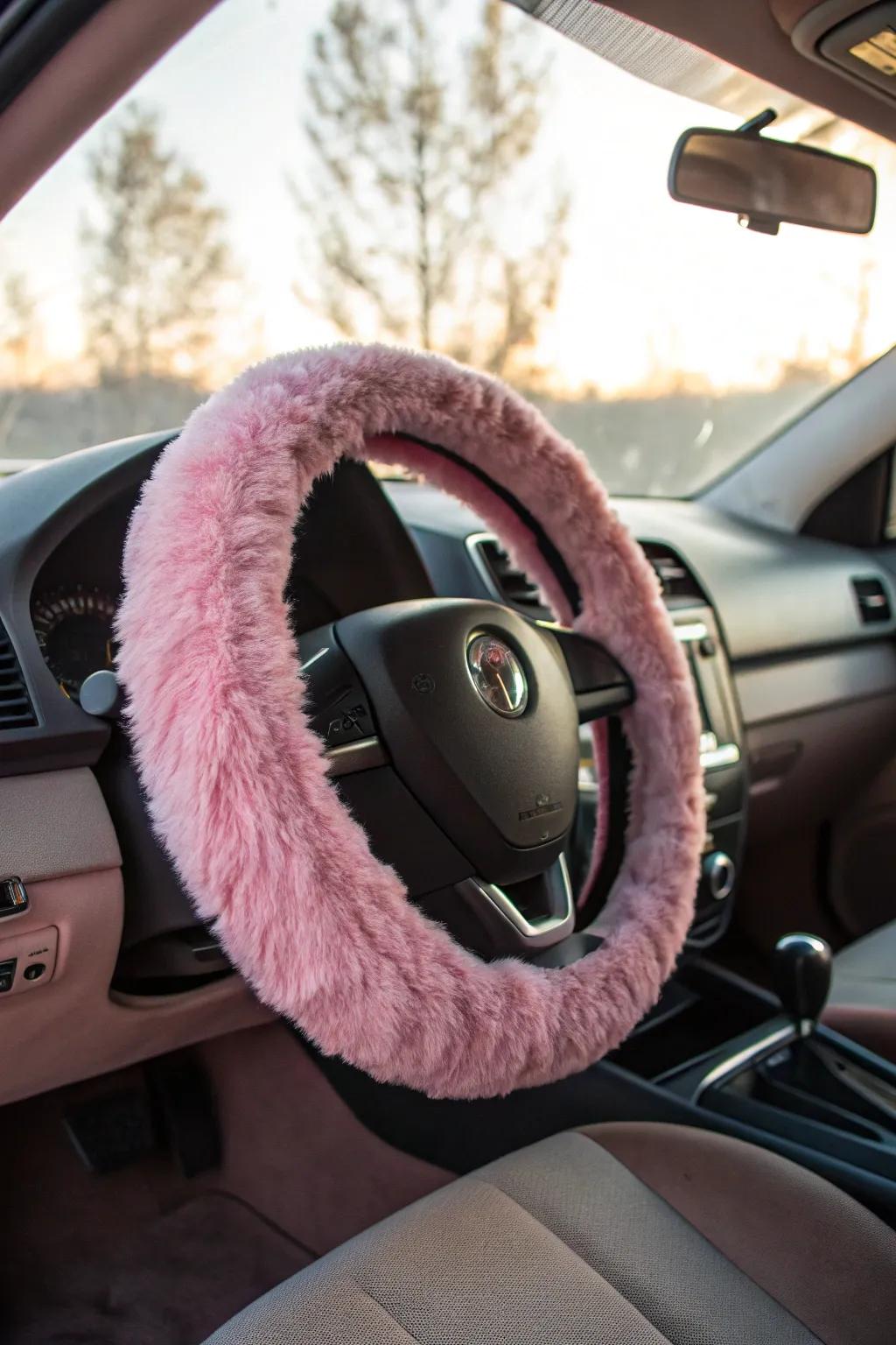Wrap your hands in warmth and style with a fuzzy steering wheel cover that adds a playful touch to any car. #CarComfort #StylishDrives #CozyInterior