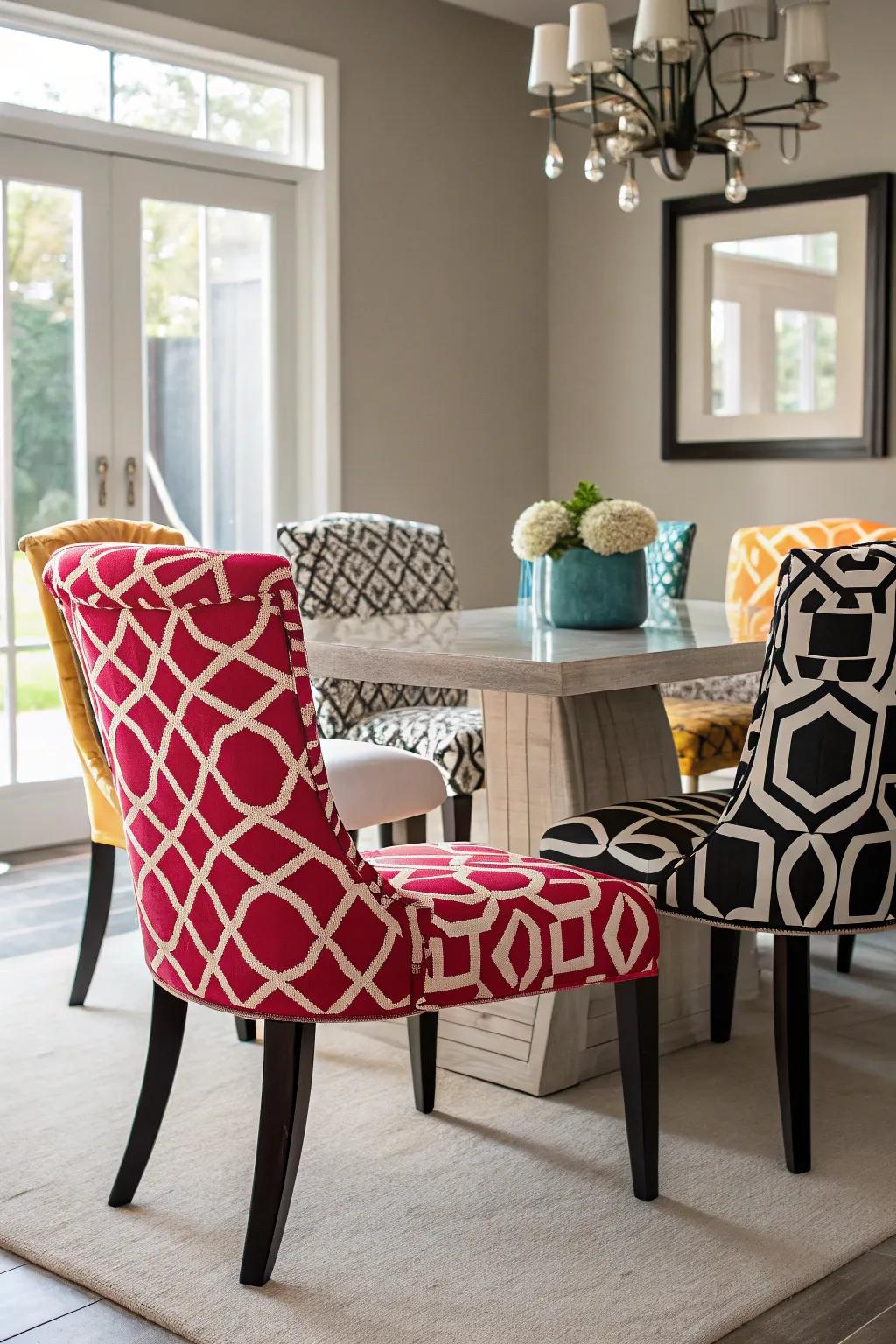 Make a statement with bold geometric patterns that add a contemporary touch. #PatternPlay #DiningRoomDesign