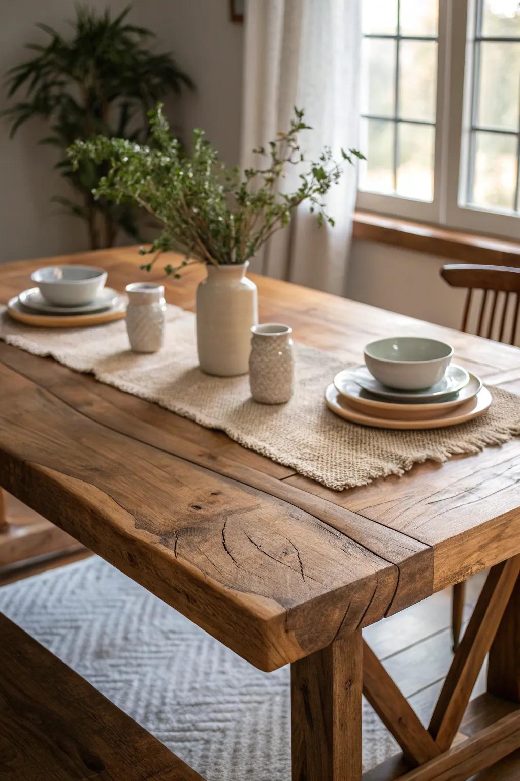 Experience the warmth and charm of a natural wood dining table. #RusticCharm #HomeWarmth #TableInspiration