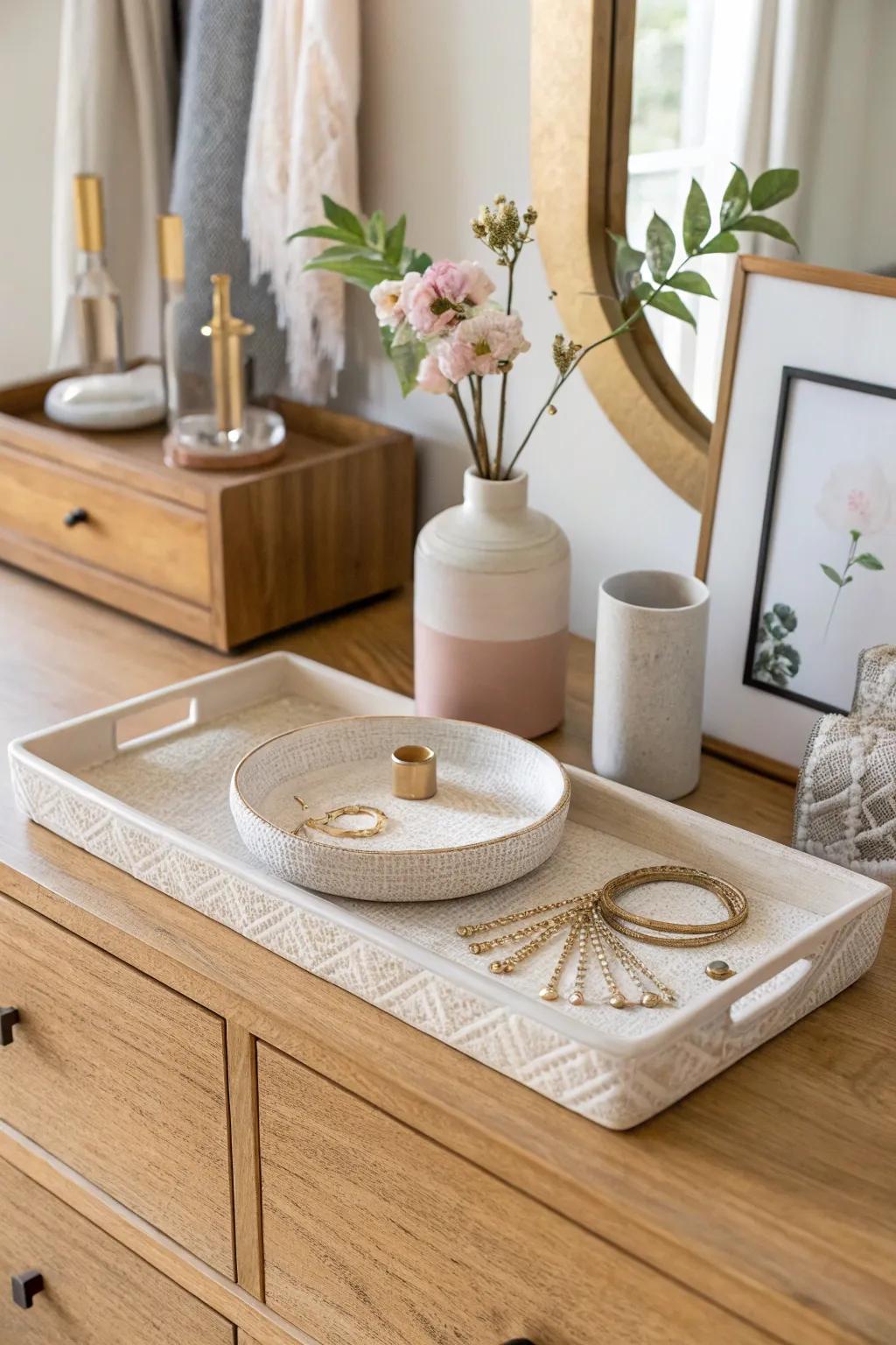 A stylish tray brings order to chaos, making everyday items feel like curated decor #HomeOrganization #DresserGoals