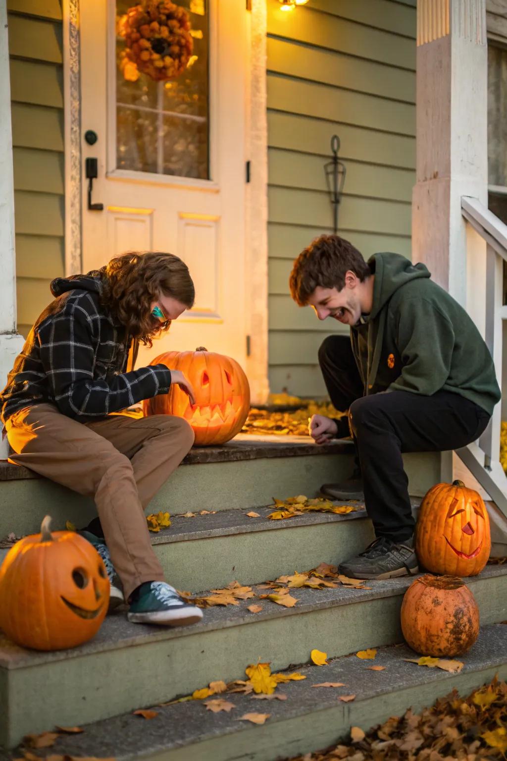 Bring humor to your doorstep with these charmingly carved comedic pumpkins.