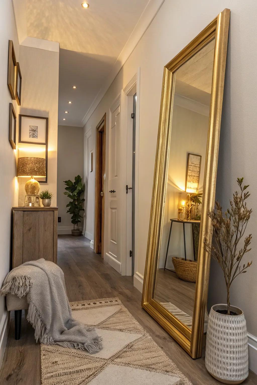 A large mirror leaning at the end of a hallway adds depth and elegance. #HomeDecor