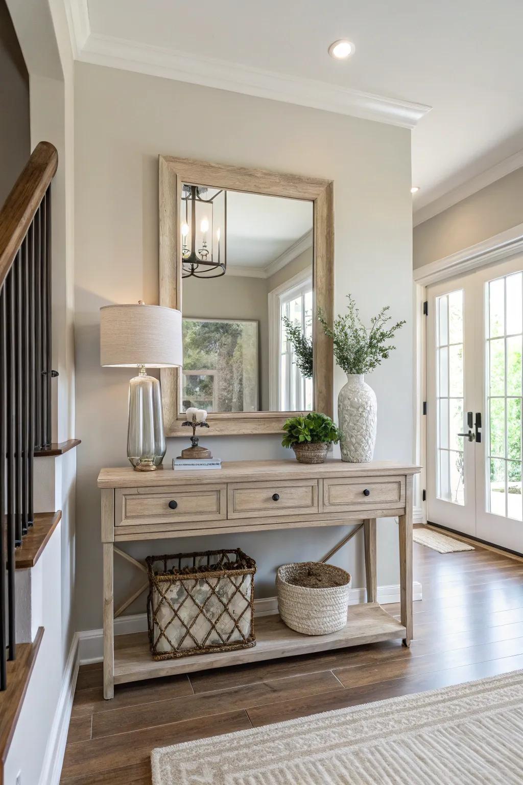 Soft neutrals transform small entryways into spacious, inviting spaces.